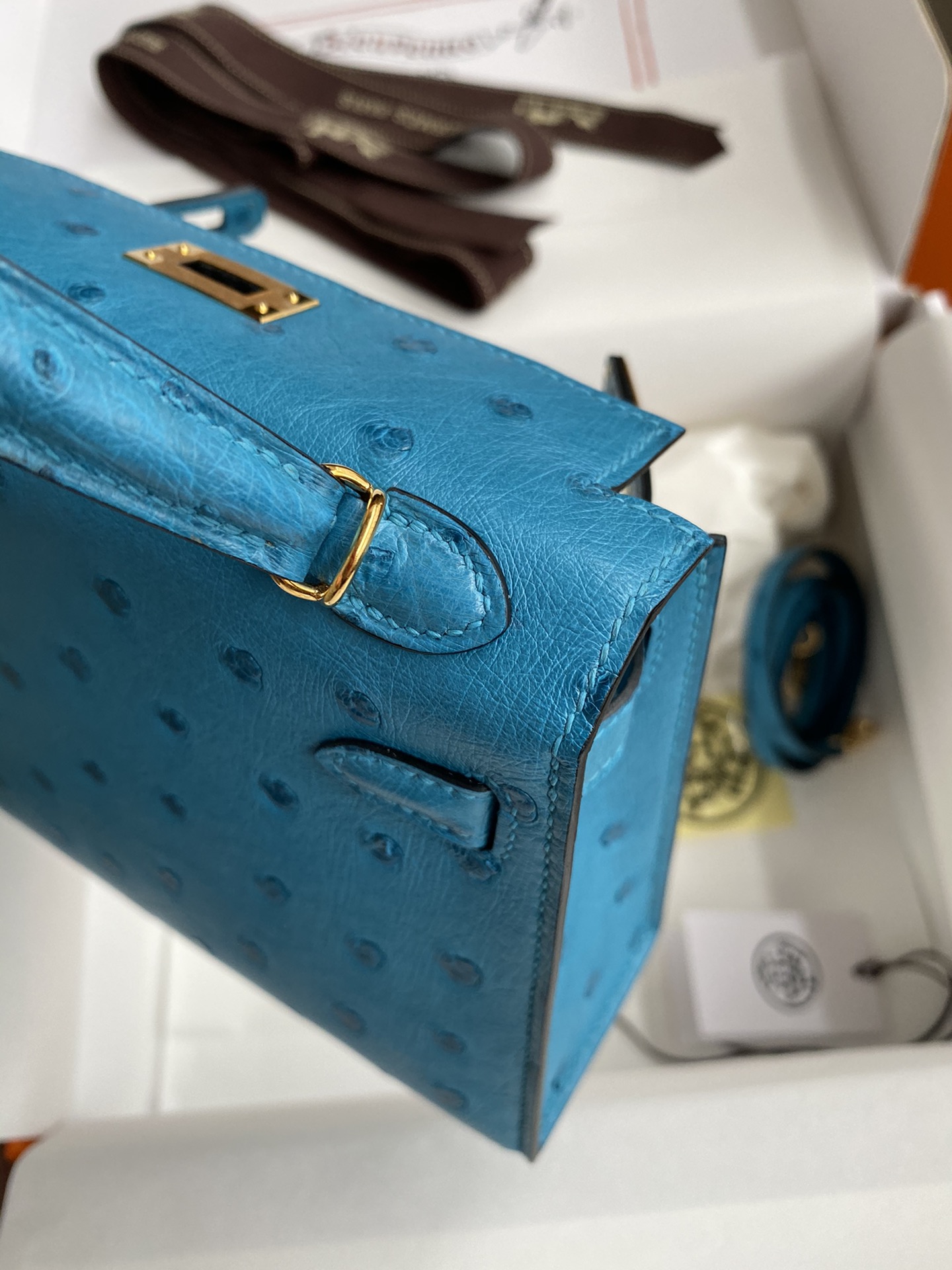 Hermes Kelly Mini II Bag 19CM In Blue Azteque Ostrich Leather